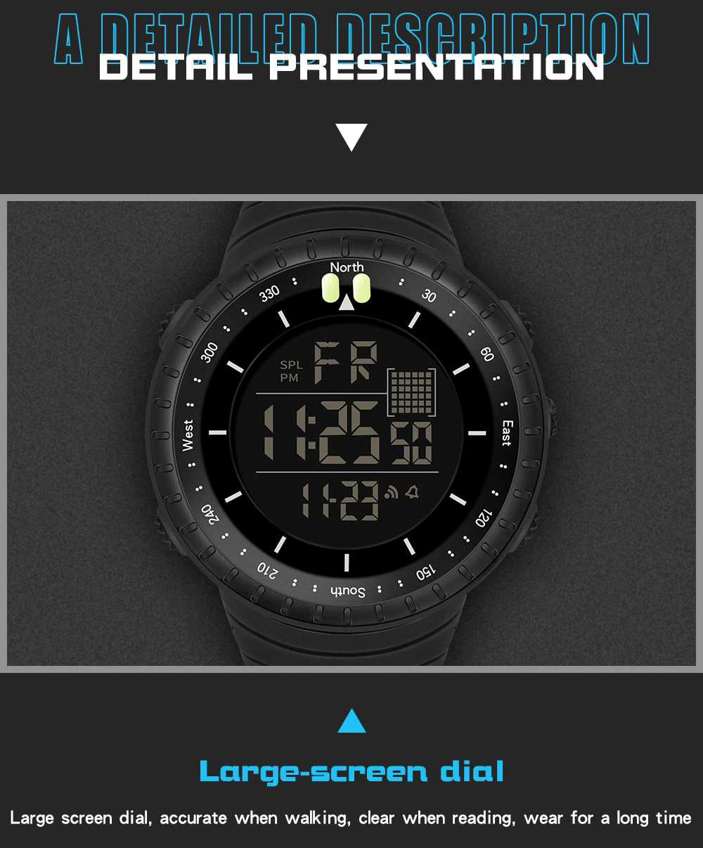 Outdoor sports digital watch SF1313 with large screen, black resin case, water-resistant & multifunctional, featuring day display.